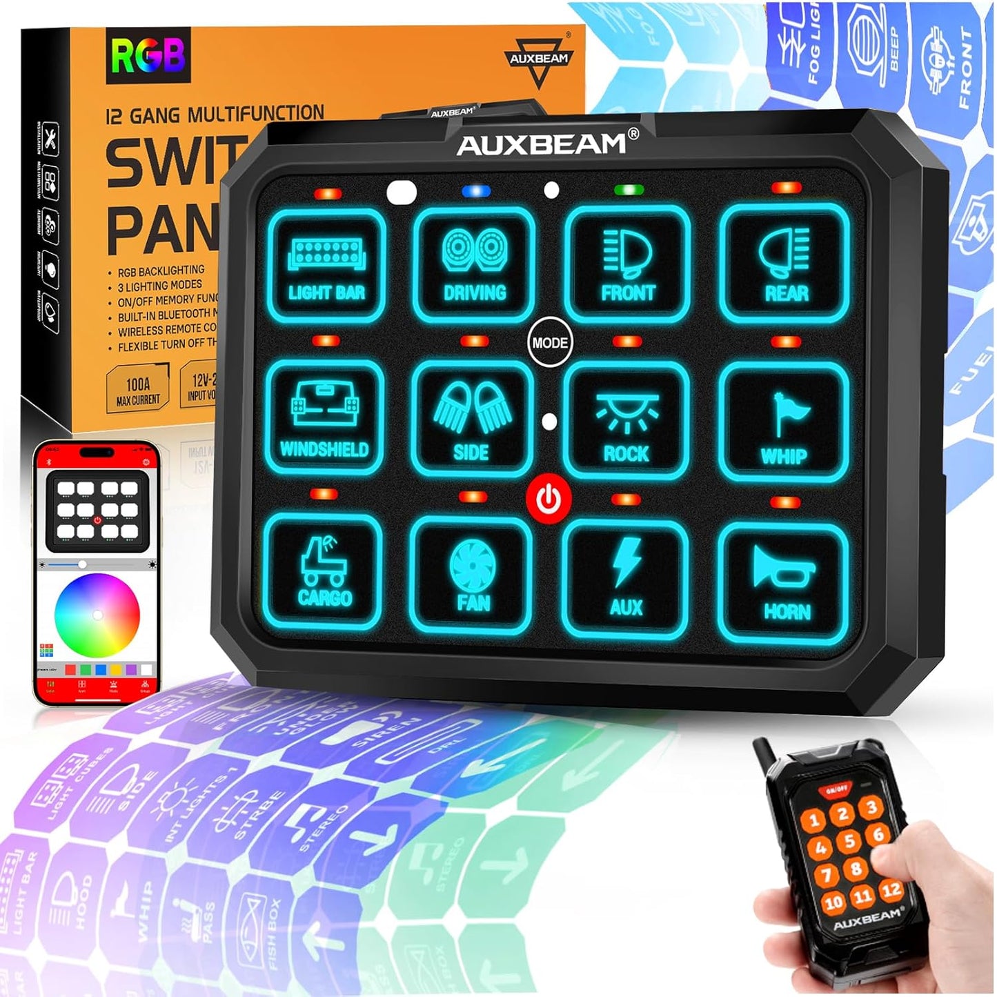 Auxbeam RGB 12 Gang Bluetooth Switch Panel