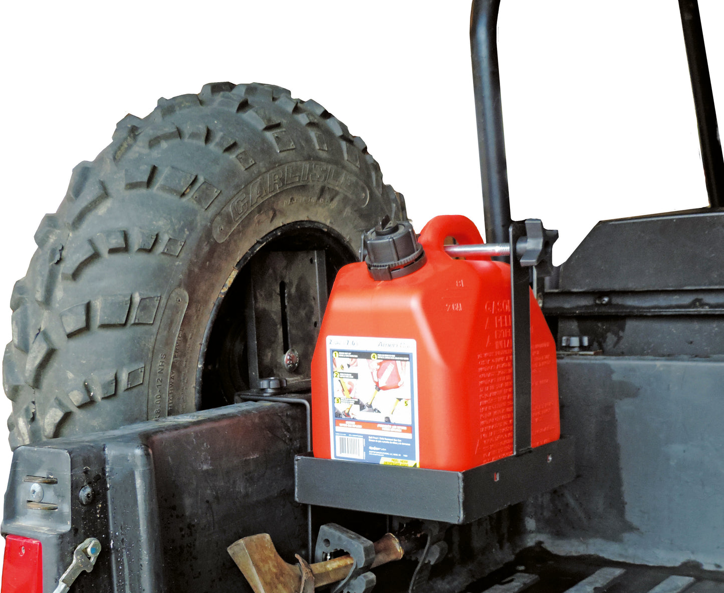 AUXILIARY FUEL CAN TOOL HOLDER & SPARE TIRE MOUNT